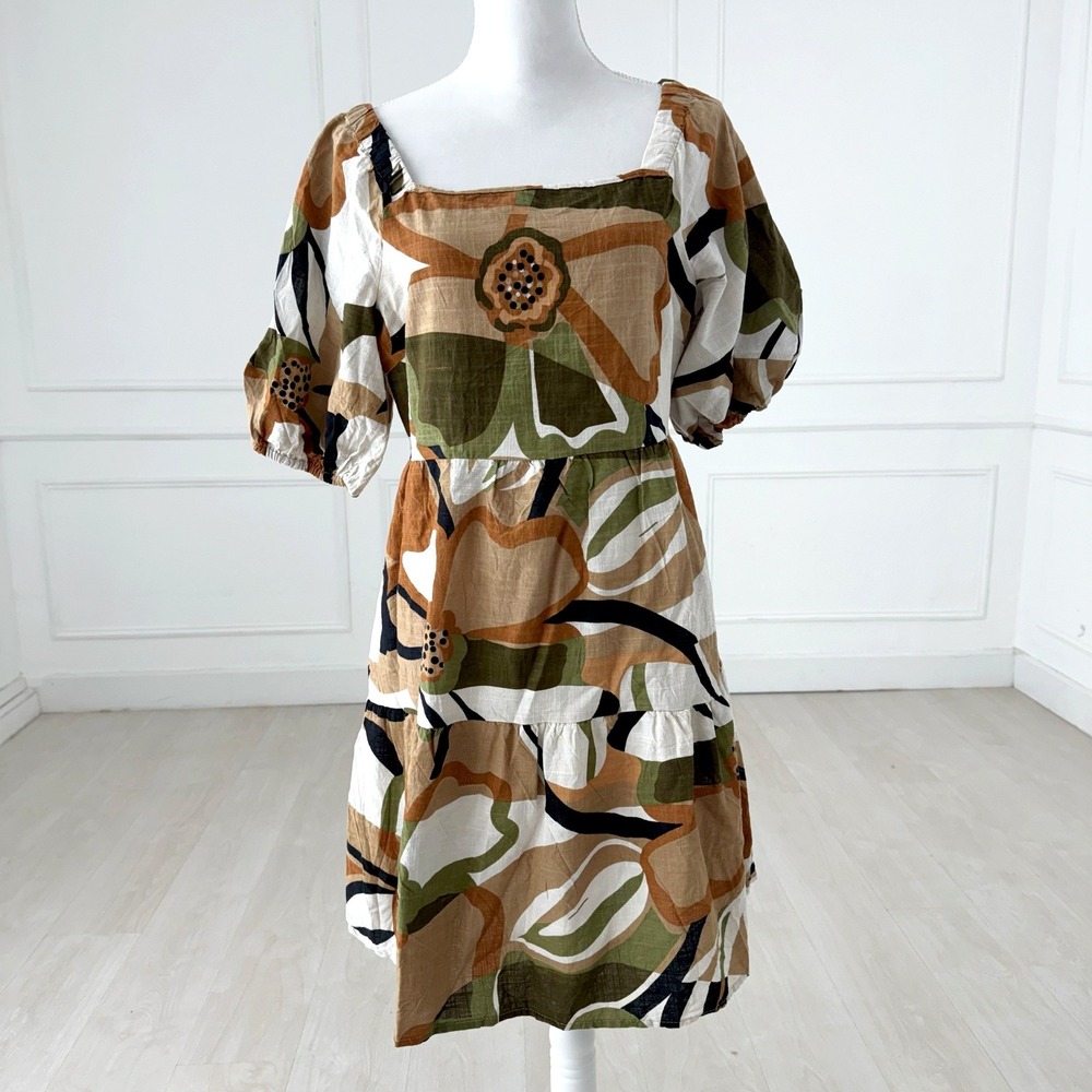 Mille‎ Gabrielle Linen Blend Smocked Square Neck Puff Sleeve Midi Dress Large